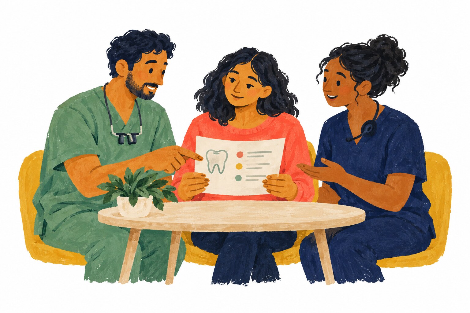 A patient, dentist and concierge reviewing the care plan together.